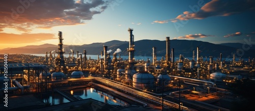 Close up Industrial view at oil refinery plant form industry zone with sunrise and cloudy sky photo