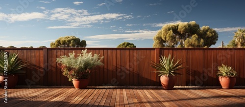 Contemporary wooden fencing contrasts with a traditional brown fence in the distance photo