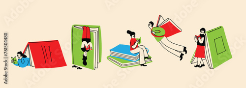 Book concepts set. Happy readers reading books and flying, laying , sitting everywhere. Flat trendy retro vector illustrations isolated on white background