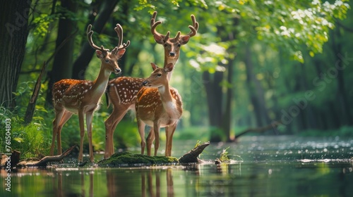 Deers in the forest. Deer in a green forest with a lake. Deer in a lake. Spring time forest with wildlife in it. Deers. Wildlife in the woods