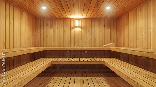 Traditional Wooden Sauna Interior with Benches and Soft Lighting © Massimo Todaro