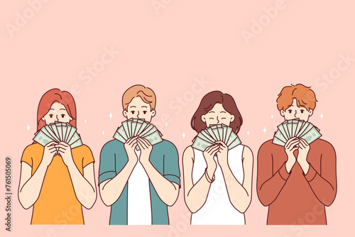 People hold money close to faces, boasting about salary received or profit won in financial lottery. Rich men and women urge to learn financial literacy to generate income from dividends