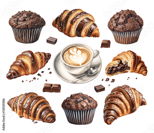 Illustrations of croissants, coffee mug,  muffins and chocolate. Color pencil drawings. Perfect for product packaging, home textile, menu design and stationery