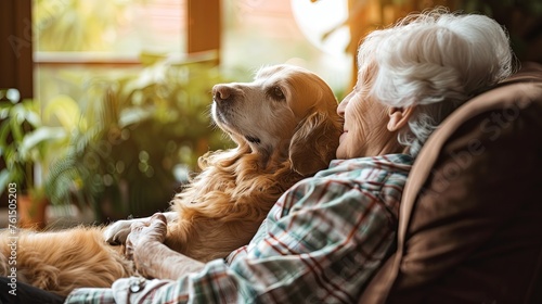 Senior Woman Relaxing with Golden Retriever at Home
 A serene moment as an elderly woman rests with her golden retriever by a window with garden views.
