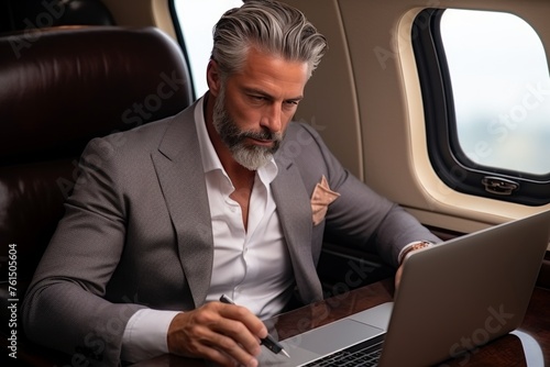 Stylish mature businessman in suit working on tablet during flight on business travel © sorin