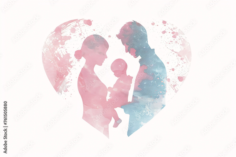 Watercolor family in heart shape on white background