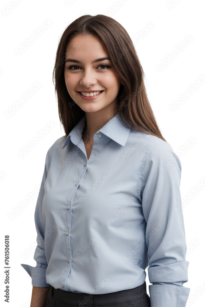 Stylish young woman wearing a blue office shirt, smiling and looking at the camera. isolated, transparent background, no background. PNG. Stylish young woman wearing a blue office shirt, smiling and looking at the camera. isolated, transparent background, no background. PNG.