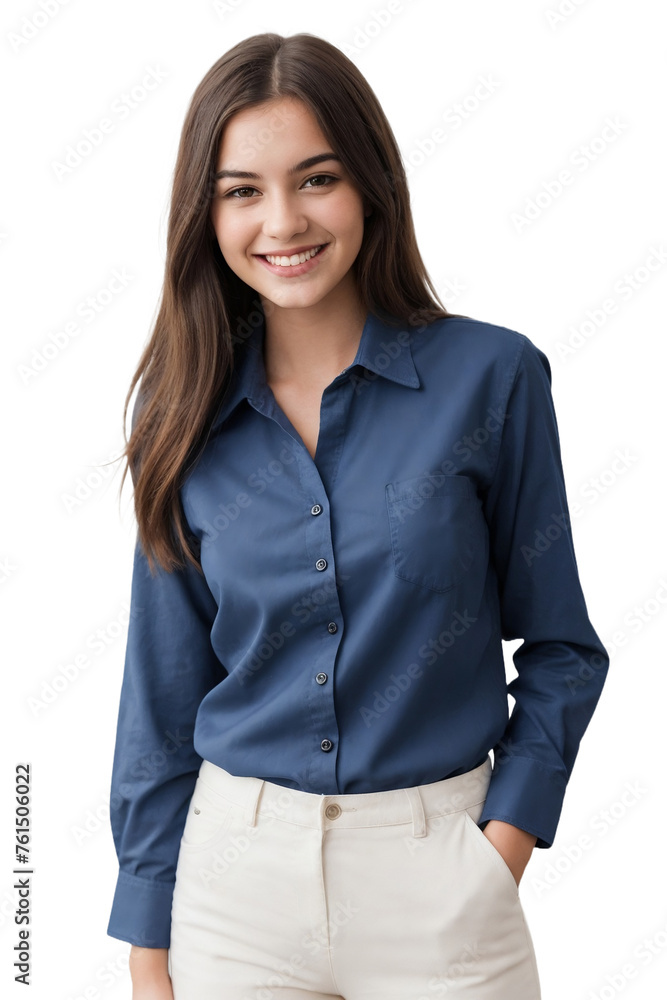 Stylish young woman wearing a blue office shirt, smiling and looking at the camera. isolated, transparent background, no background. PNG. Stylish young woman wearing a blue office shirt, smiling and looking at the camera. isolated, transparent background, no background. PNG.