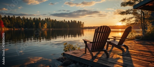 Two wooden chairs on a wooden pier overlooking a lake at sunset in Finland © Dzikir