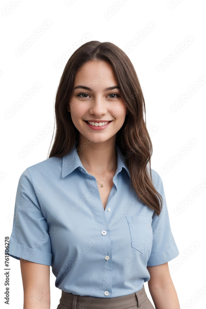 Stylish young woman wearing a blue office shirt, smiling and looking at the camera. isolated, transparent background, no background. PNG. Stylish young woman wearing a blue office shirt, smiling and looking at the camera. isolated, transparent background, no background. PNG.