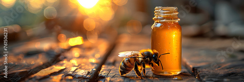 Bee and Bottle of Honey on Wooden Table , Macro bee with honey jar dipper on old wooden table © David
