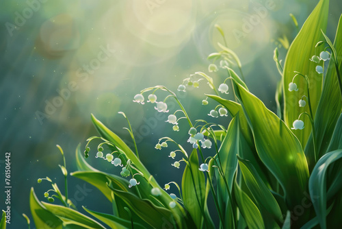 Closeup of lily of the valley flowering in a forest in the morning light. photo