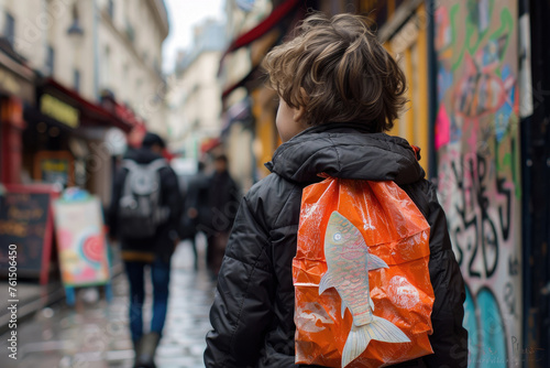 Boy with colorful paper fish attached to his back on a street of French city. Attaching paper fish to someone's back is a common April fools day joke in France.