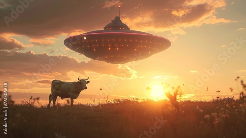 A UFO emits a soft glow over a cow in a peaceful field, as the sunset creates a stunning backdrop photo