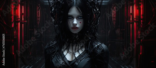 A fictional character with long black hair and a crown is illuminated by flash photography in a dark room, reminiscent of a scene from an actionadventure game or action film taking place at midnight photo