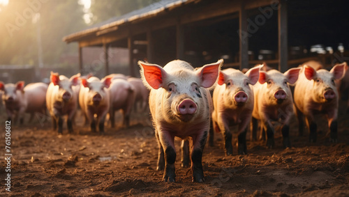Amidst sprawling expanse of free-range pig farm, swine wander freely, basking in open air, sunlight. Idyllic setting natural, sustainable agriculture practices. Hog farm, swine farm, pig ranch