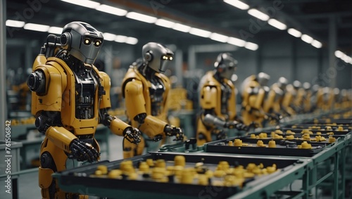 Among noise of production on factory premises, robots check quality of products. Many yellow worker robots perform tasks to inspect or produce goods. In modern manufacturing, robots work. Near future