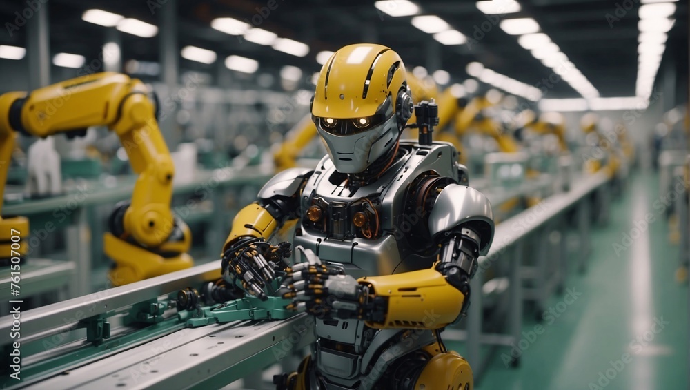 At the factory, a robotic assembly line hums with activity. Humanoid robots stand out, diligently working amidst automated manipulators, enhancing efficiency and precision in manufacturing processes