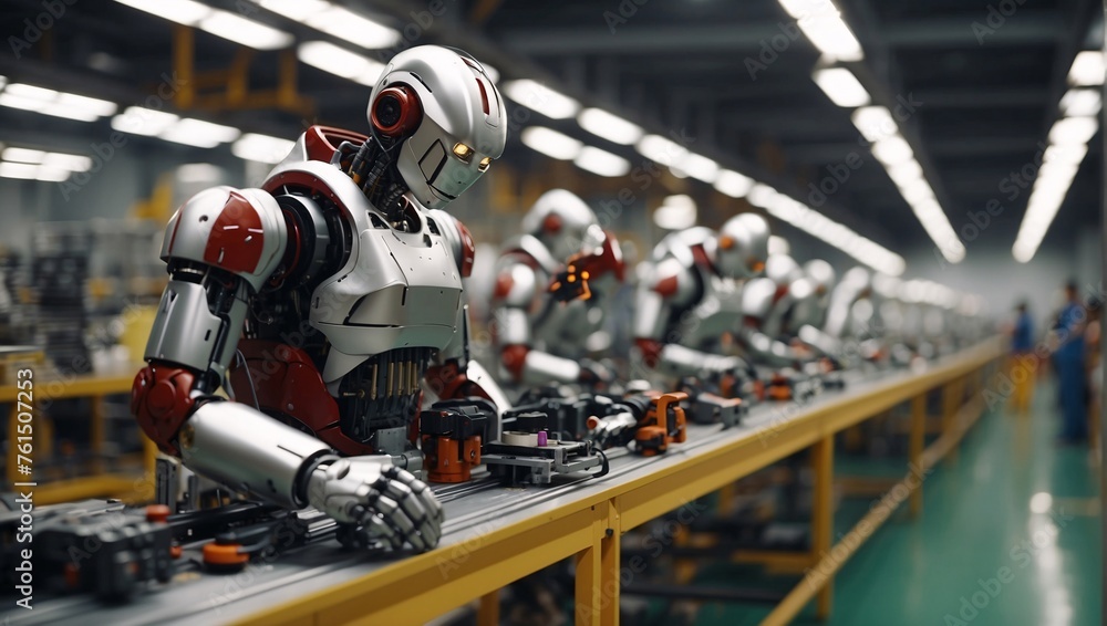 In factory, robotic assembly line operates with precision, speed, demonstrating pinnacle of modern manufacturing. Robots work smoothly on production line, ensuring every task is completed efficiently