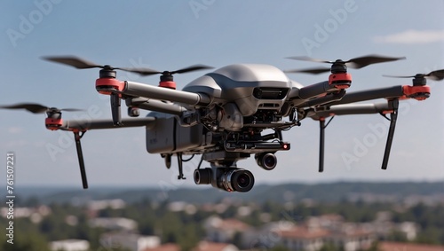 Hexacopter in sky. Drones revolutionize cityscape surveillance, traffic management, search operations. Hovering over mountains, rivers,  bustling cities. Copter provides observations of urban areas