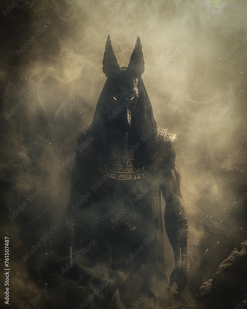Anubis, god of the afterlife, with jackal head and black robes - obrazy, fototapety, plakaty 