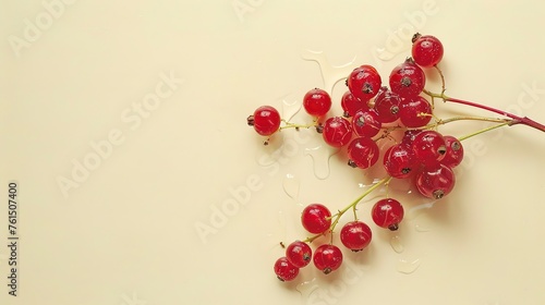 Wet sprig of red currants on a pale yellow background. Generative ai 