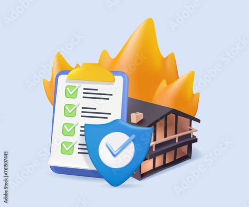 Fire insurance abstract concept 3D vector illustration. Fire property insurance, accident economic loss, belongings protection, standard policy, damage coverage, state service abstract metaphor. 3D