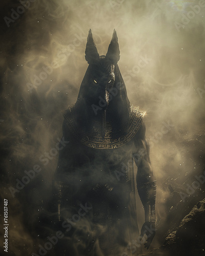 Anubis, god of the afterlife, with jackal head and black robes, guiding souls through the underworld 3D render, silhouette lighting, ethereal glow photo
