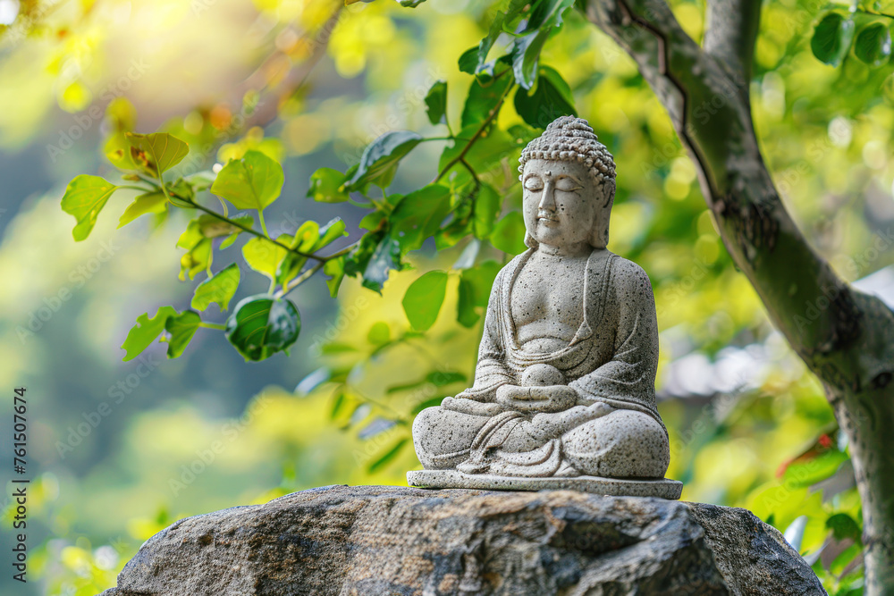 A serene stone Buddha statue meditates among vibrant green leaves, bathed in soft sunlight. Vesak day.