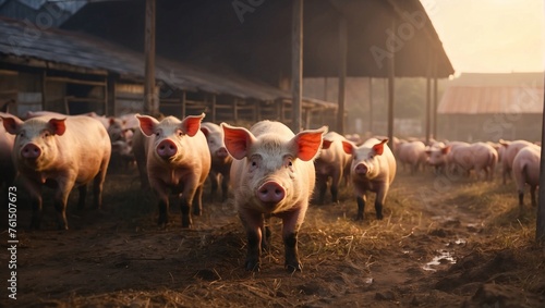 On free-range pig farm, herd of swine roams outdoors, embodying essence of ethical farming practices. Rustic ambiance harmonizes with natural behavior of the pigs, ensuring their welfare, quality life