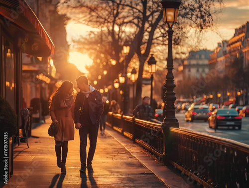 moment de parfait bonheur : un jeune couple trentenaire se promène dans paris au coucher de soleil photo