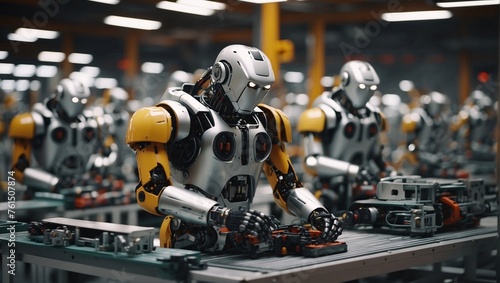 Production of future is a busy robotic assembly line. Robots on the production line assemble equipment in perfect synchronization. Delivering unrivaled efficiency and precision. Robots in a factory photo