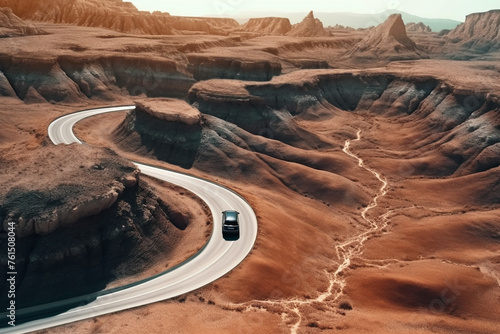 the car is driving on a mountain road in the summer in dry desert regions. the road is like a mountain serpentine. top drone view Generative Ai