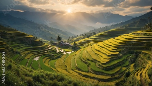 Rice Paddy. Growing rice involves planting seedlings in flooded fields with adequate irrigation. Terraced fields often used in rice cultivation to control water levels. Rice crop, rice plantations