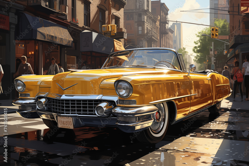  A classic yellow car gleams under golden city sunlight