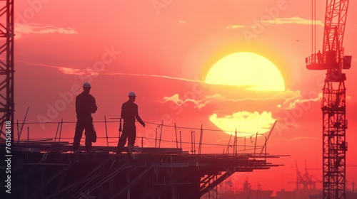 Silhouette of an engineer and construction crew working team discussing blueprints at sunrise. 