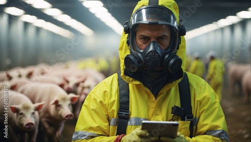 Worker in protective gear stands amid pig farm, tablet in hand, conducting disease prevention, control measures. Monitoring signs of illness, implementing preventive measures, biosecurity protocols