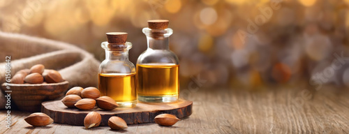 Argan oil in glass bottles on wooden surface. Panorama with copy space.