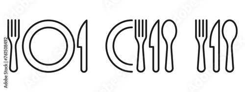 Tableware thin line icon set of fork, knife, spoon. Logotype menu. Cutlery and crockery sign. Flat style eating utensils symbol collection.