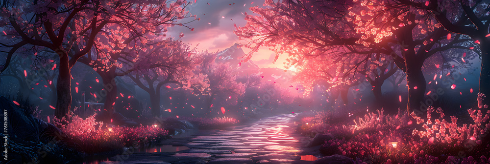 Enchanting Cherry Blossoms Over a Cobblestone Path,
A forest with a crystal clear water fountain from the world of Zelda with crisp lilac details