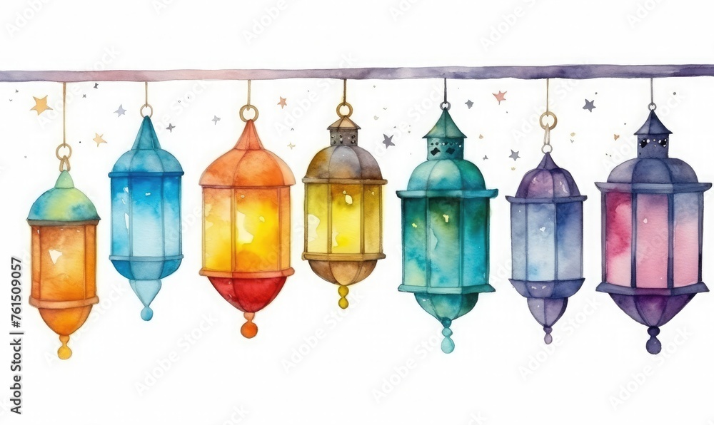 Lanterns in watercolor, creating a festive ramadan atmosphere
Lanterns in watercolor, creating a festive ramadan atmosphere
