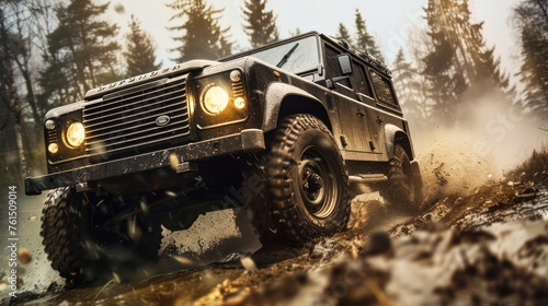 Close up photo of a large offroad wheel with a 4x4 car set against a sunset and mountains representing the travel concept Copy space image Place for adding text or design