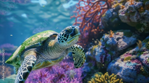 Green sea turtles swim around colorful coral reefs.