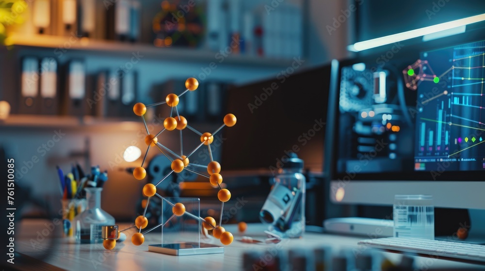 Biomedical engineering workspace close-up on molecular structure analysis for disease cure