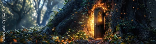 Enchanted door in a tree opening to a fairy tale land