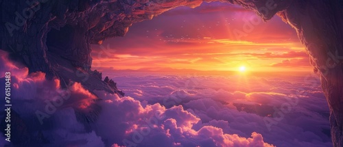 Mountain cave entrance gateway to a world above the clouds #761510483