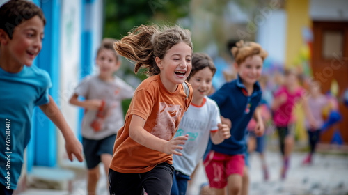 Joyful Children Racing in Schoolyard on International Children's Day photo