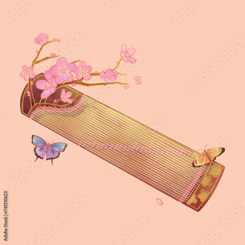 Traditional elegant musical instrument guzheng and butterfly photo