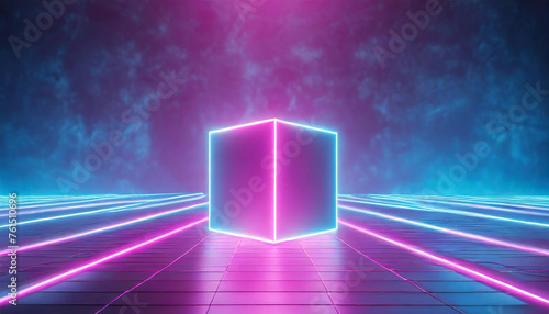 Abstract pink blue cube shape. Holographic gradient geometric figure. Futuristic glowing 3D rendering photo