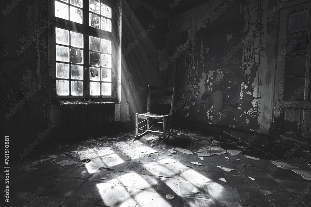 Abandoned room with a lonely chair and sunlight - Monochrome image of a solitary chair in a deteriorated room lit by a window, evoking feelings of nostalgia - obrazy, fototapety, plakaty 